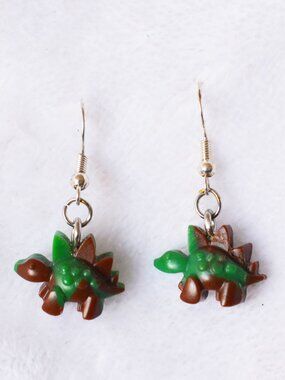 Handmade Green and Brown HDPE Stegosaurus Dangle Earrings Recycled Jewelry